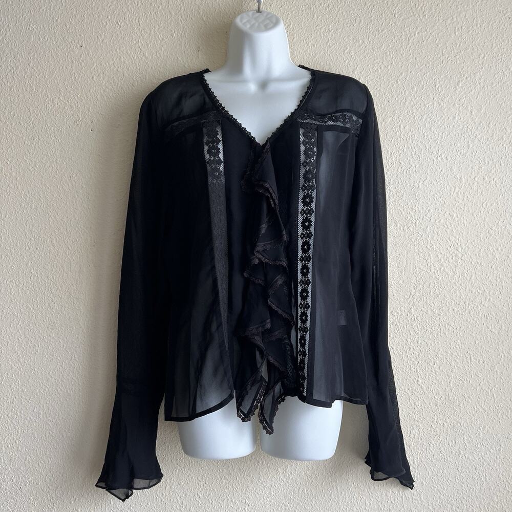 Vintage Y2K Tessuto Black Lace Trim Ruffle Open Front Sheer Top Bell Sleeves 8